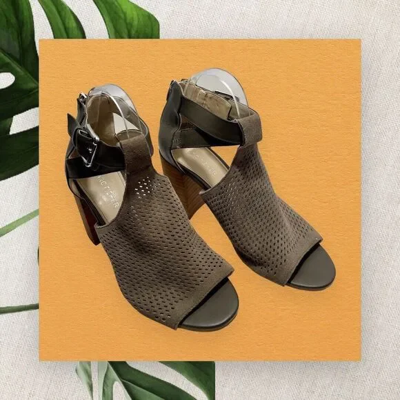 Marc Fisher Gabie Heels Grey Taupe Suede Cutout Block Heel Open Toe Cage Size 8M - Picture 6 of 13